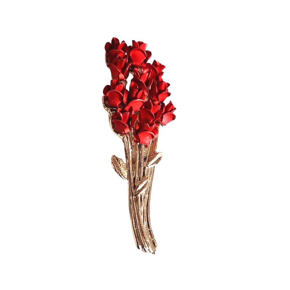 Vintage DMC 97 Red Enamel Rose Bouquet Brooch Gold Tone Floral Pin